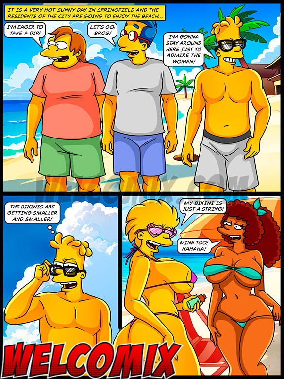 Wearing a swimsuit that covers her entire body, she arrives at the beach with her husband - The Simptoons, Yes, Springfield has a beach by welcomix