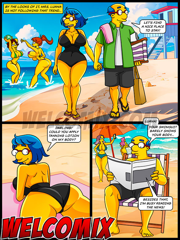 Wearing a swimsuit that covers her entire body, she arrives at the beach with her husband - The Simptoons, Yes, Springfield has a beach by welcomix