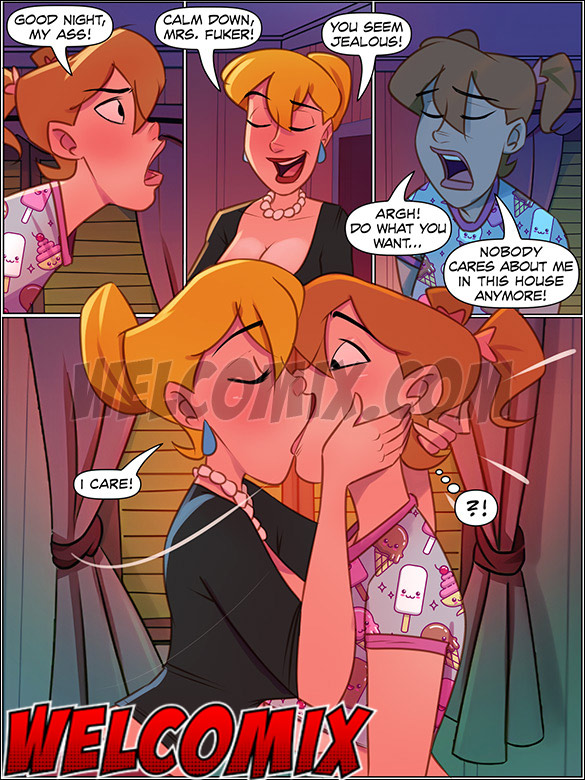 New household nymphet gives her a big kiss, and the two start some lesbian action - The 4 Naughties, Swapping Roles (Part 03) by welcomix